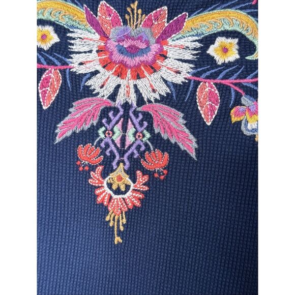 Johnny Was Ioana Thermal Long Sleeve Top Embroidered Waffle Boho Navy Sz M - Picture 6 of 11